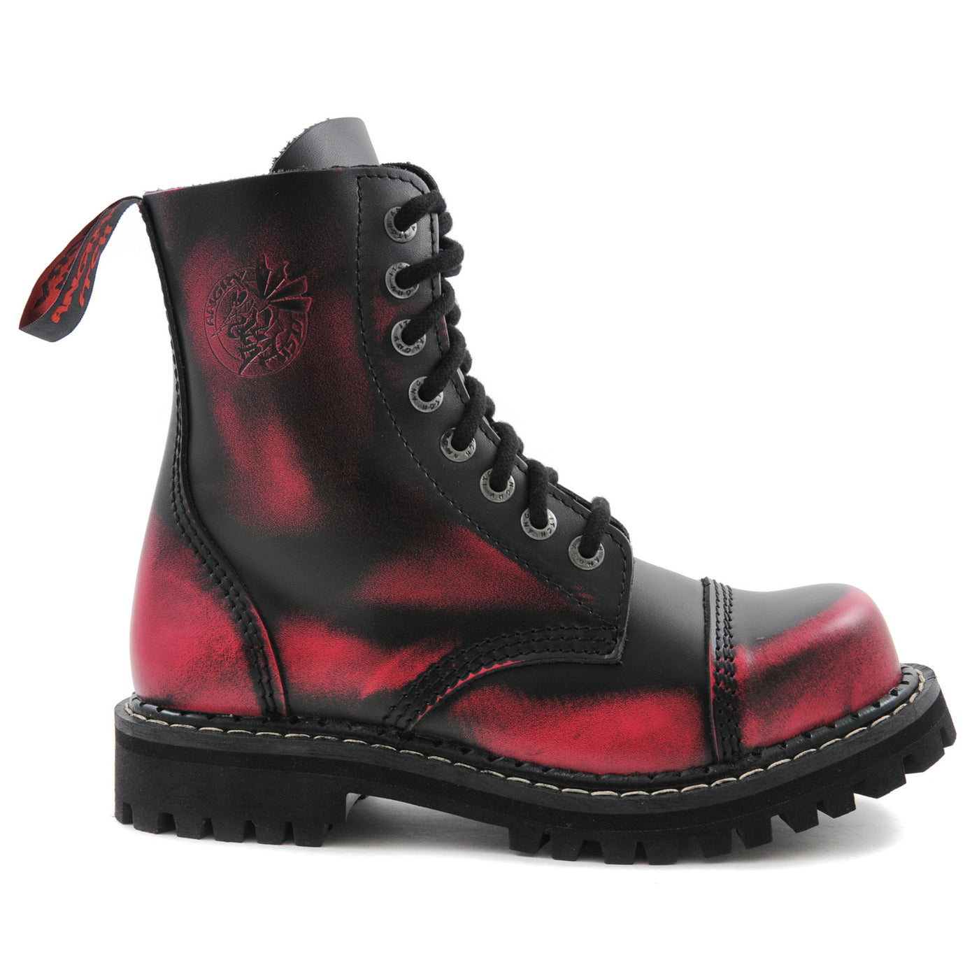 Angry Itch 8 Eyelet Boots with Steel Toe Cap Pink Rub Off Leather Left Side
